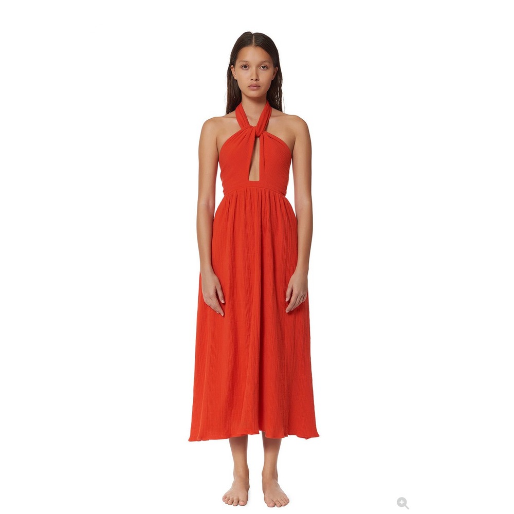 Mara Hoffman Swim Twist Front Grid Double Gauze Tomato Red Halter Midi Dress L